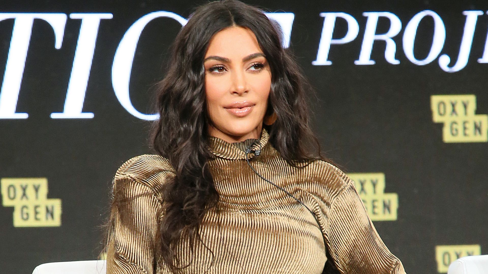 Kim Kardashian sat on stage for a 'The Justice Project' documentarypress conference