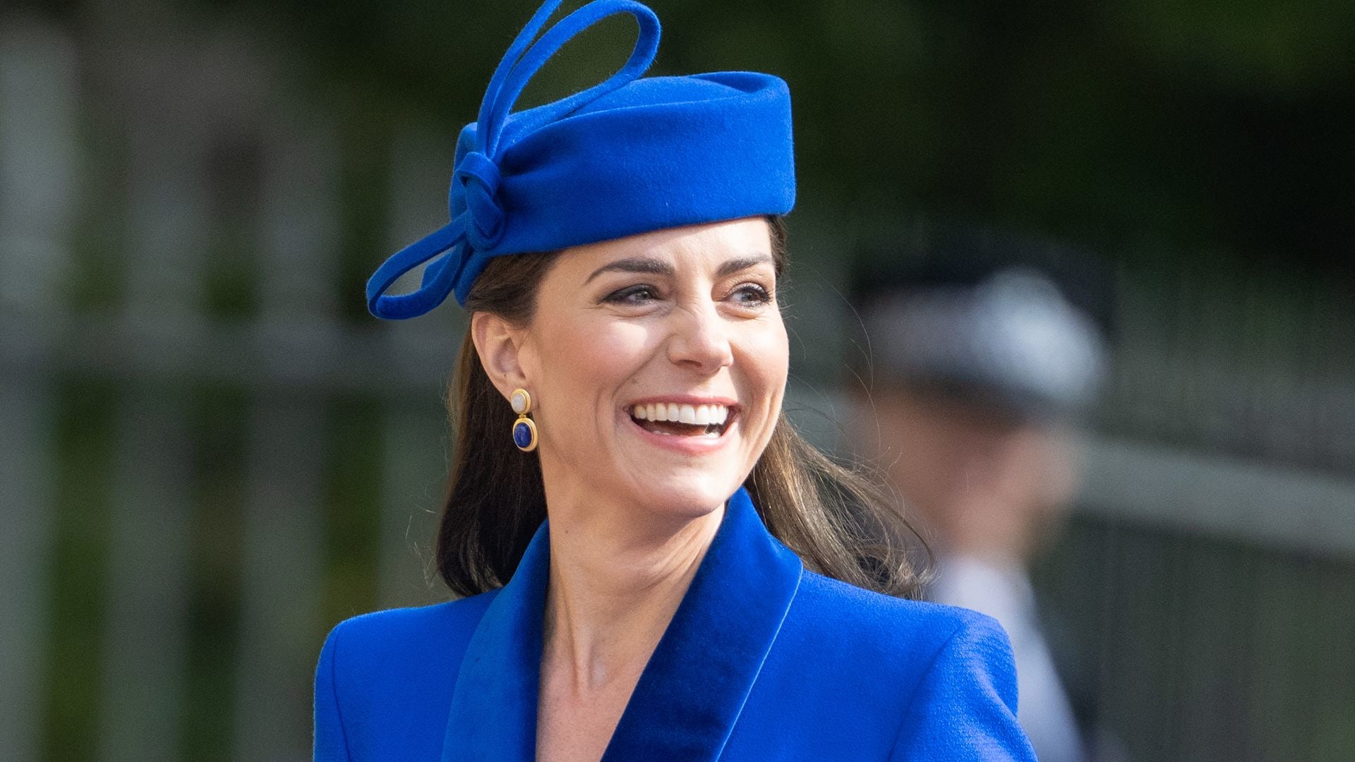 Catherine, Princess of Wales attends the Easter Mattins Service at Windsor Castle on April 09, 2023 in Windsor, England wearing a blue Catherine Walker coat. 