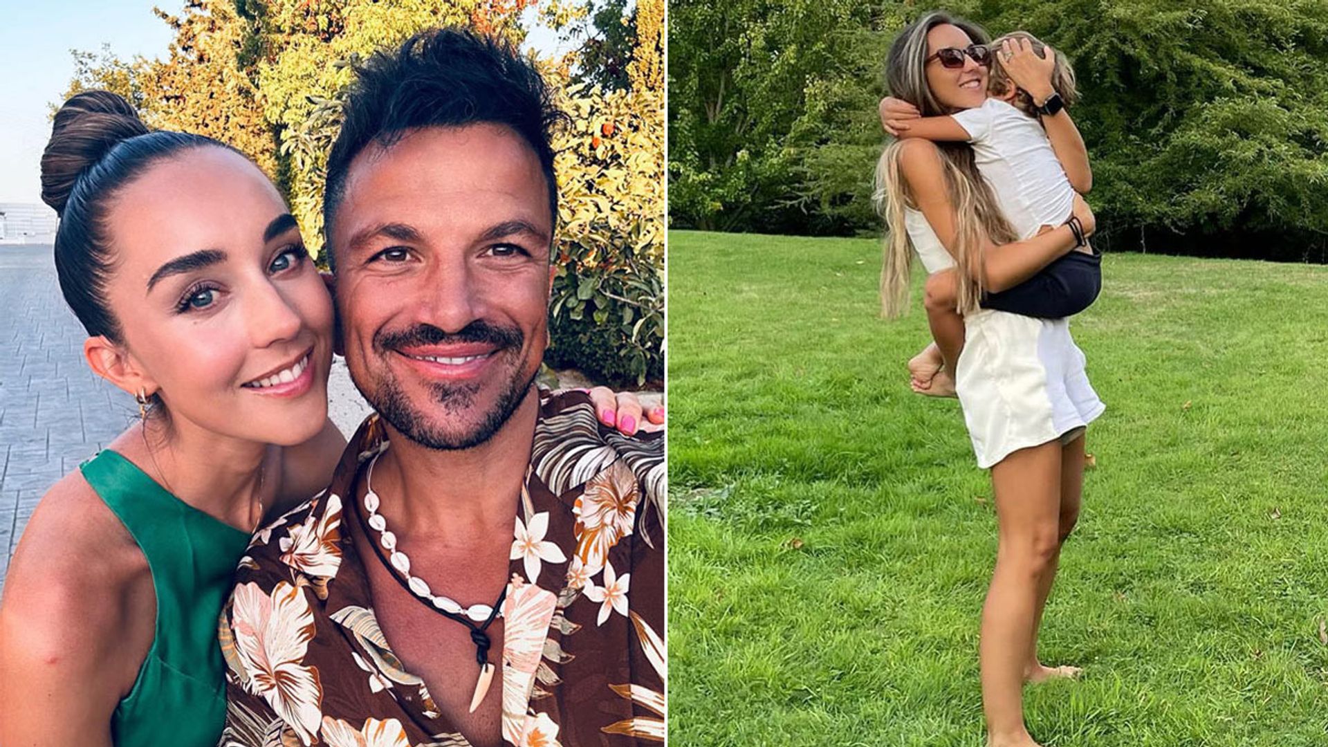 A split image of peter andre and emily and emily and theo