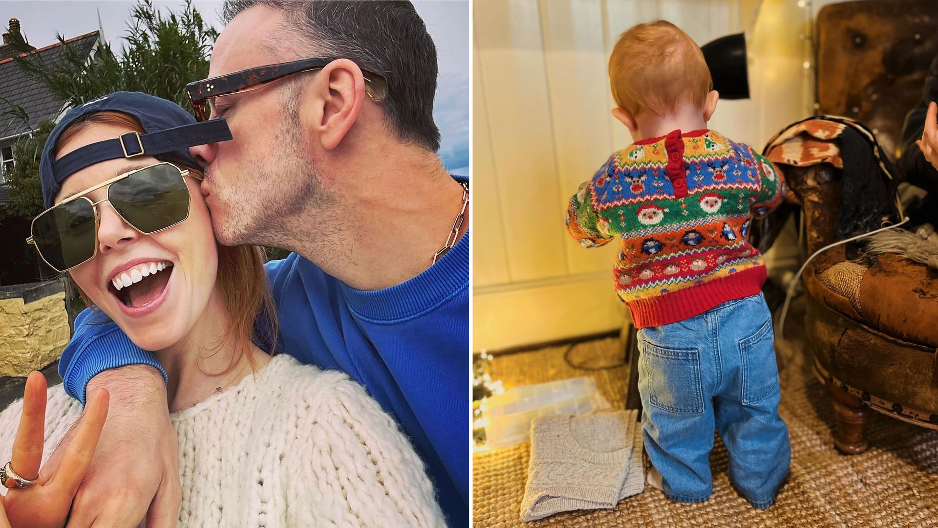 Dancer Kevin Clifton kissing partner Stacey Dooley and their daughter Minnie pictured alongside them