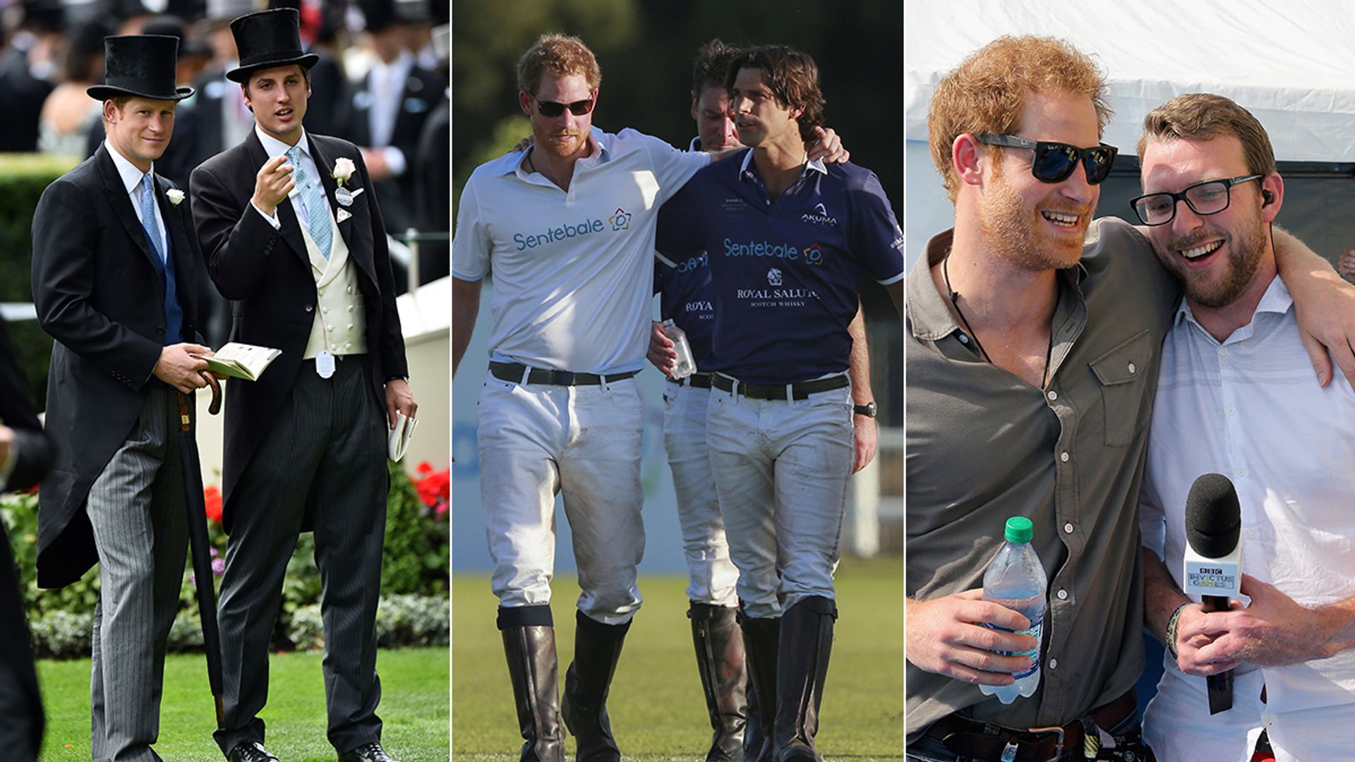 Split image of Prince Harry with Jake Warren, Nacho Figueras and JJ Chalmers