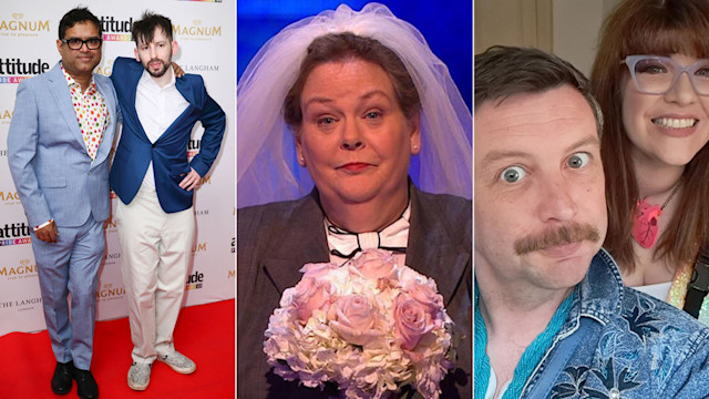 Split image of Paul Sinha with husband Oliver Levy, Anne Hegerty in a bridal veil and Jenny Ryan with partner Thom Tuck