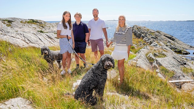 Norway's Crown Prince Haakon (2nd R), Crown Princess Mette-Marit (R), Prince Sverre Magnus (2nd L) and Princess Ingrid Alexandra  on summer holiday 2020