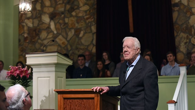 Former U.S. President Jimmy Carter speaks to the congregation at Maranatha Baptist Church before teaching Sunday school in his hometown of Plains, Georgia on April 28, 2019