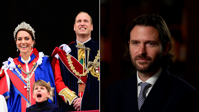 Princess Catherine, Prince Louis and Prince William at the coronation of King Charles beside a photograph of Jason Knauf