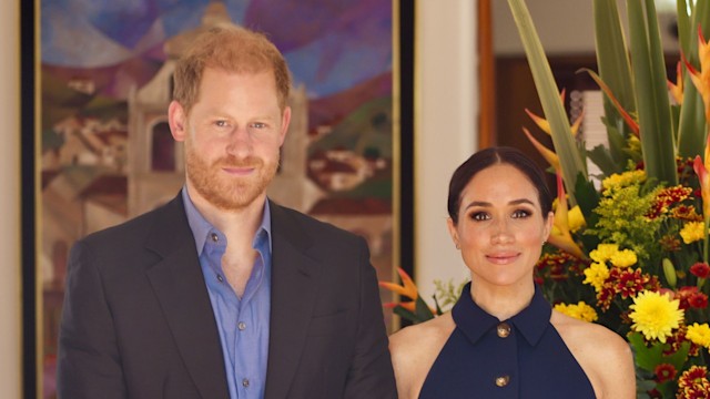 Prince Harry, Duke of Sussex (L) and Meghan, Duchess of Sussex (2nd L) are welcomed to Colombia by Vice President Francia MÃ¡rquez and her husband Yerney Pinillo