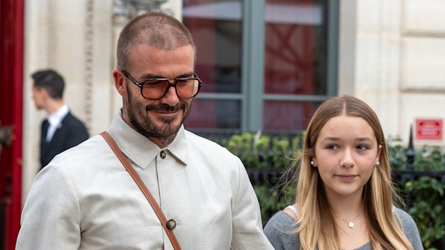 David Beckham and daughter Harper Beckham are seen on September 30, 2023 in Paris, France. 