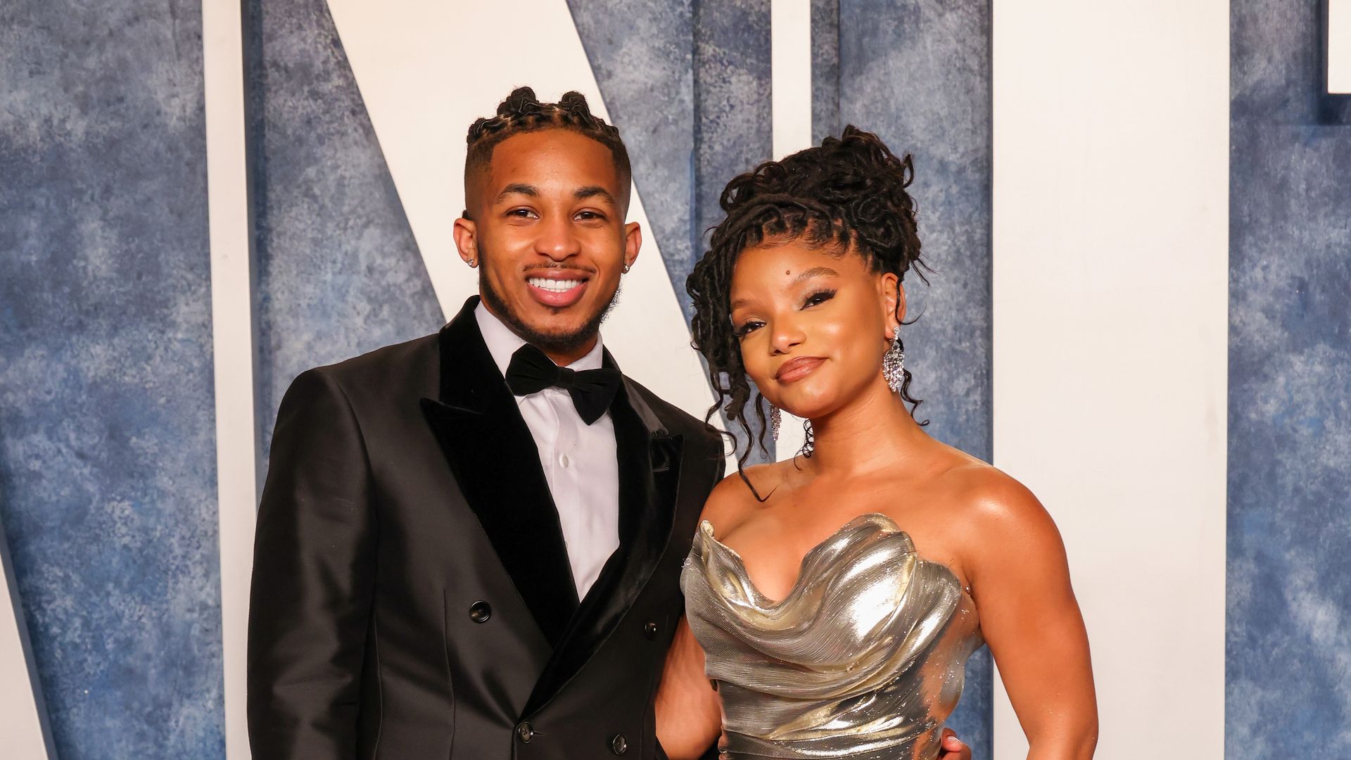 DDG and Halle Bailey attend the 2023 Vanity Fair Oscar Party Hosted By Radhika Jones at Wallis Annenberg Center for the Performing Arts on March 12, 2023 in Beverly Hills, California