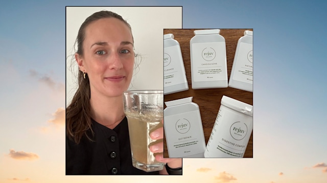 Collage of a woman with a health drink and supplements 