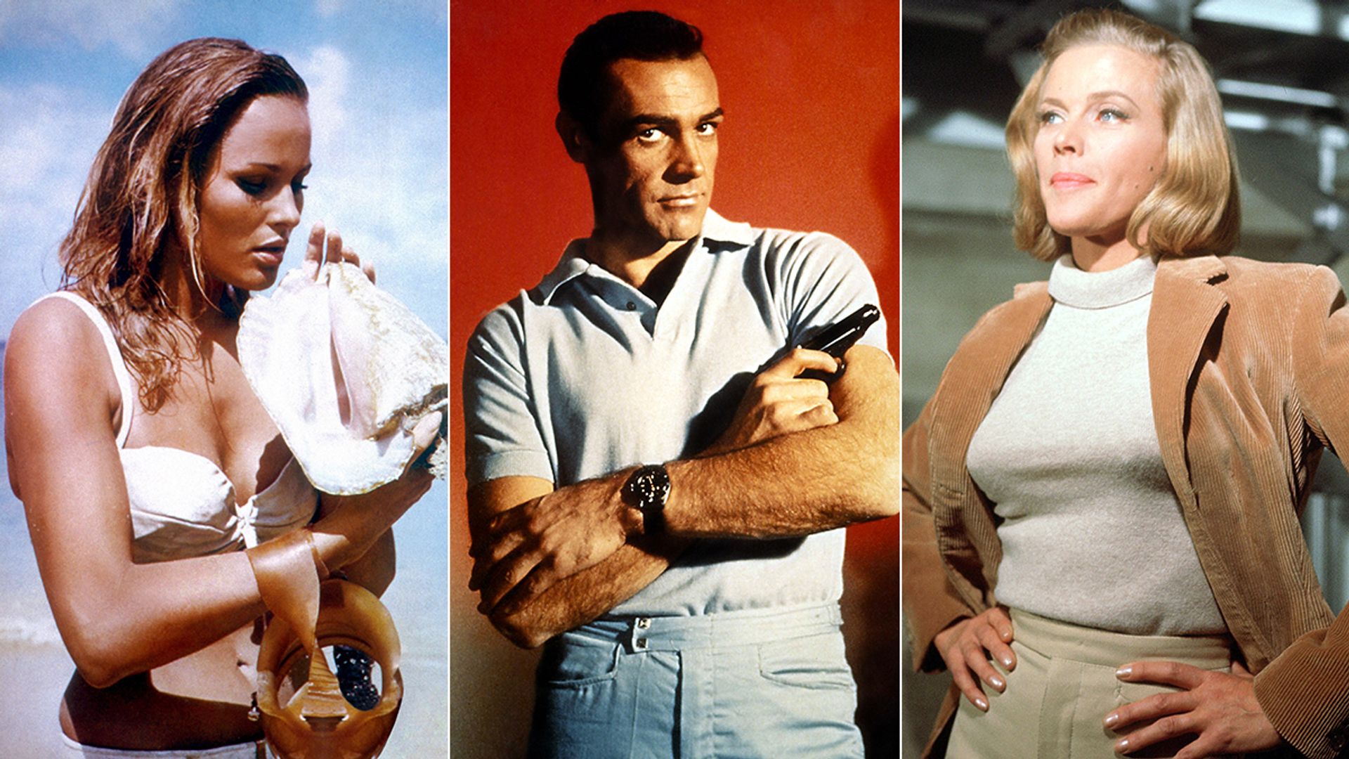 Split image of Ursula Andress, Sean Connery and Honor Blackman