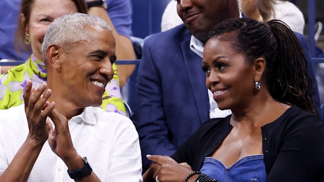 Former President of the United States Barack Obama and former First Lady Michelle Obama attend the men's singles first round match between Novak Djokovic of Serbia and Alexandre Muller of France during day one of the 2023 US Open at Arthur Ashe Stadium at the USTA Billie Jean King National Tennis Center on August 28, 2023 in the Flushing neighborhood of the Queens borough of New York City