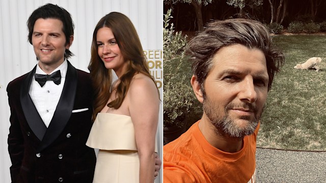 Split image showing Adam Scott and his wife, plus Adam in his garden at home