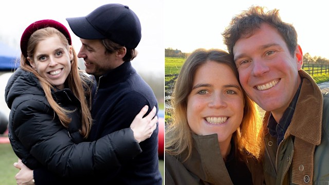 Split image showing Princess Beatrice with Edoardo and Princess Eugenie with Jack Brooksbank