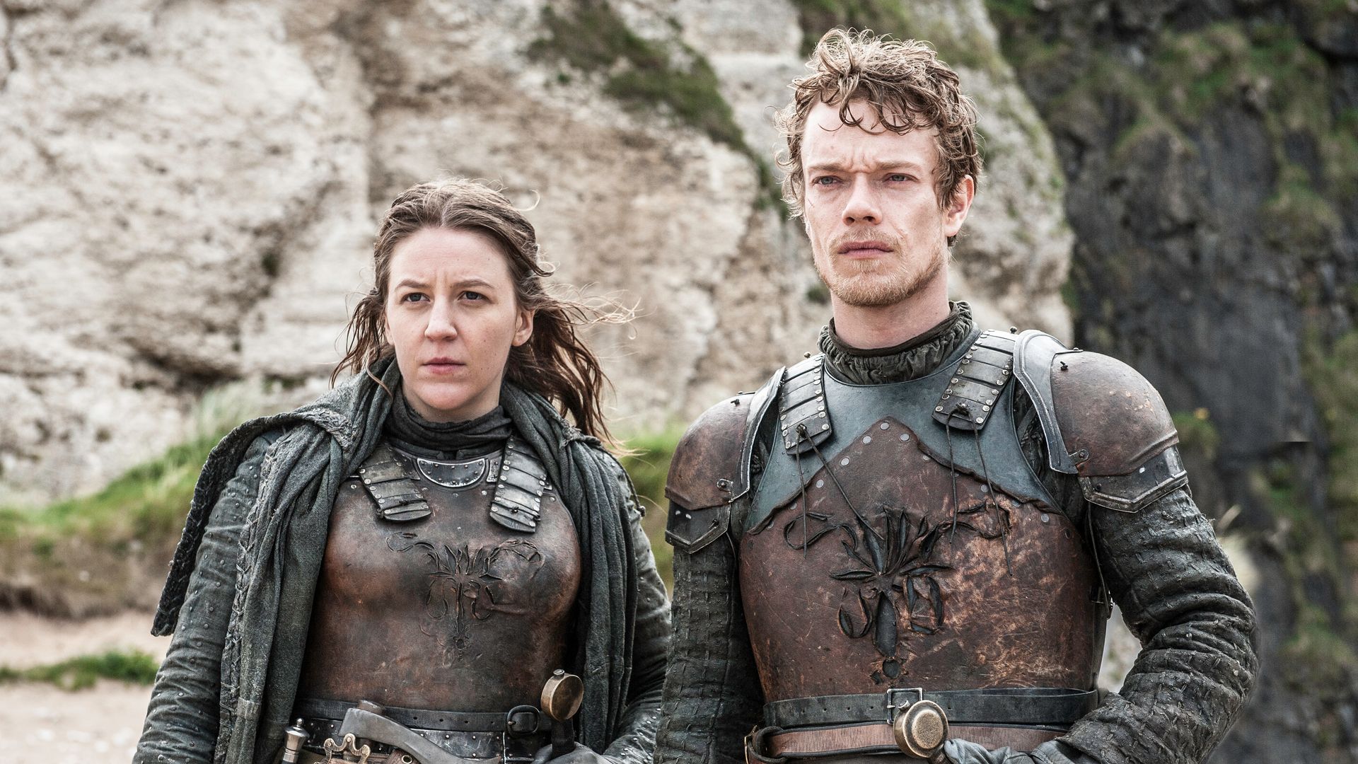 Gemma Whelan as Yara Greyjoy, Alfie Allen as Theon Greyjoy in Game of Thrones
