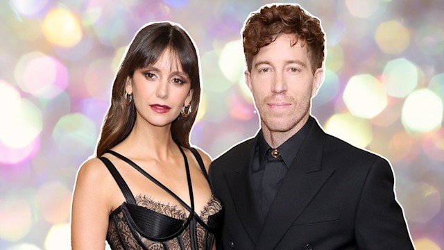 Nina Dobrev and Shaun White against a glittery background