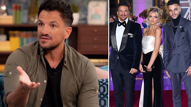 Peter Andre gesturing and posing with his kids on the red carpet