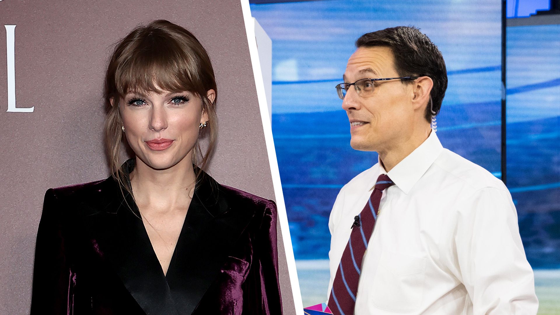 Taylor Swift stands on red carpet, looking at camera, paired with Steve Kornacki appearing on Today Show