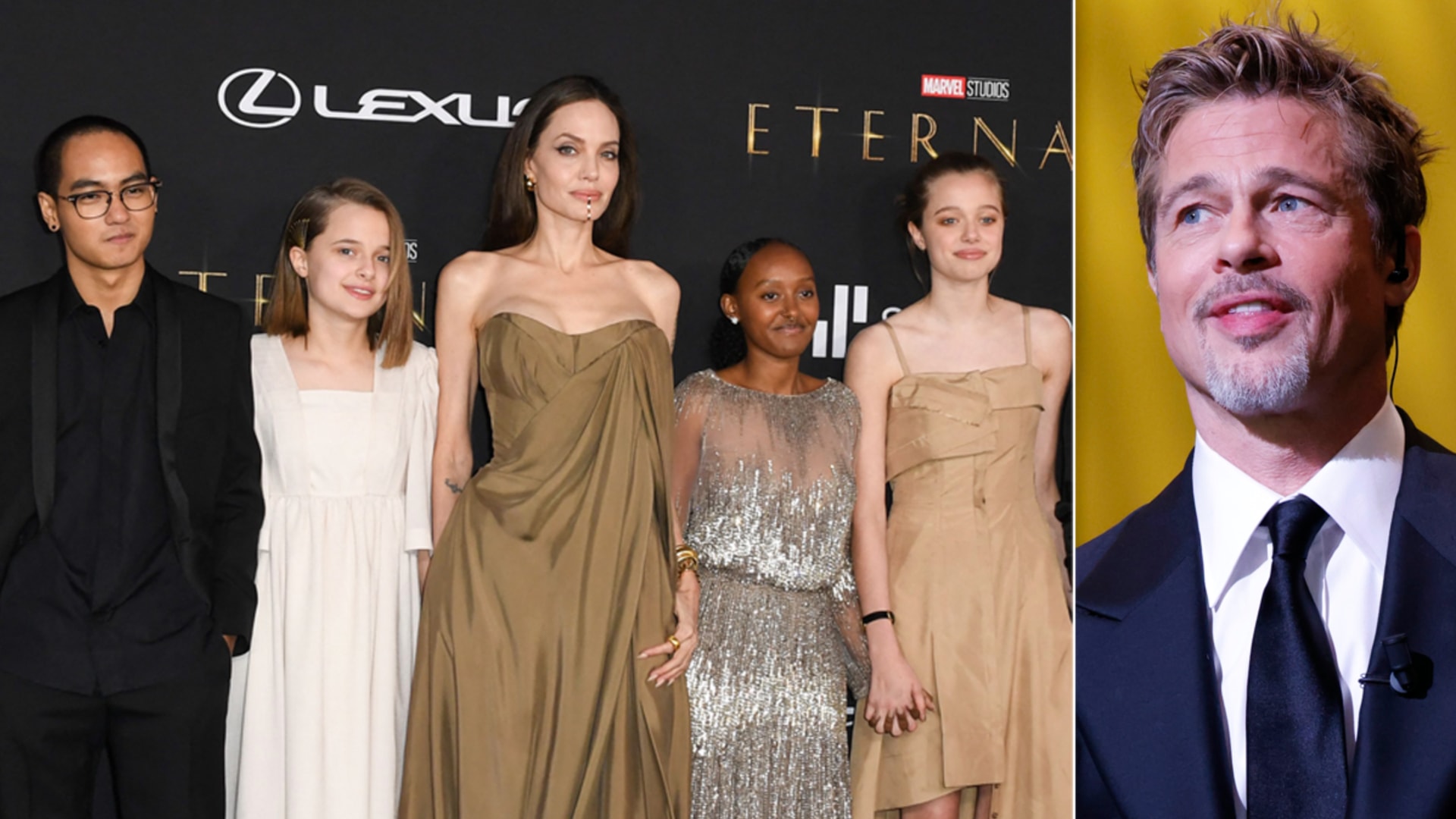 Angelina Jolie on the left, posing with her children and Brad Pitt, on the right in a seperate photo