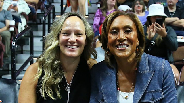 Good Morning America co-anchor Robin Roberts and fiancÃ©e Amber Laign pose for pictures during a WNBA game between Phoenix Mercury and Connecticut Sun on August 31, 2023, at Mohegan Sun Arena in Uncasville, CT.