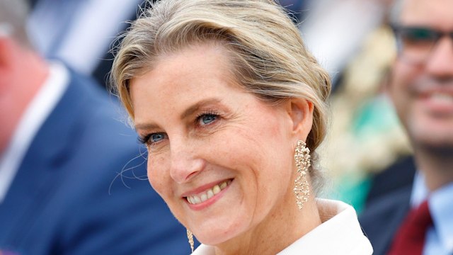 Sophie, Duchess of Edinburgh in white jacket smiling