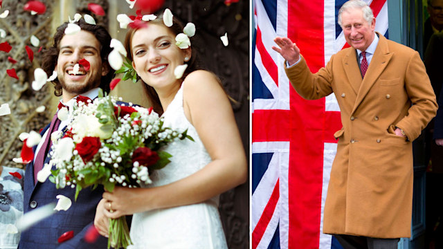 Newlywed couple with red and white rose petals and King Charles in front of a Union Jack flag