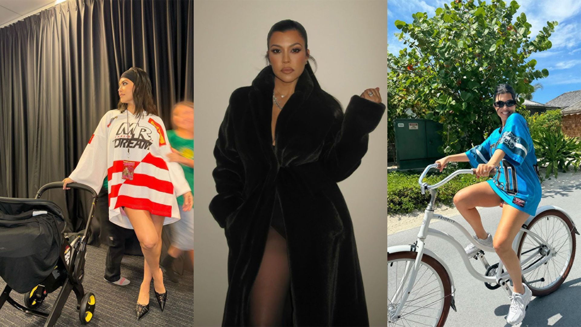 LtoR: Kourtney wears red and poses with a pram, Kourtney in a fur coat, and Kourtney on a bike in a blue shirt