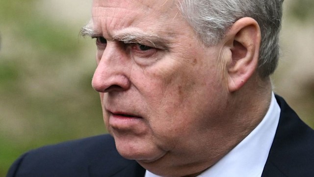 Britain's Prince Andrew, Duke of York reacts as he leaves St. George's Chapel, in Windsor Castle, after attending the Easter Mattins Service, on March 31, 2024