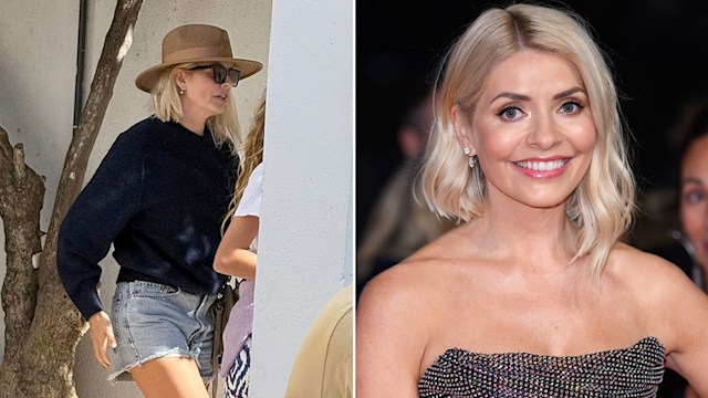 Split image of Holly Willoughby on holiday and Holly Willoughby in a dress