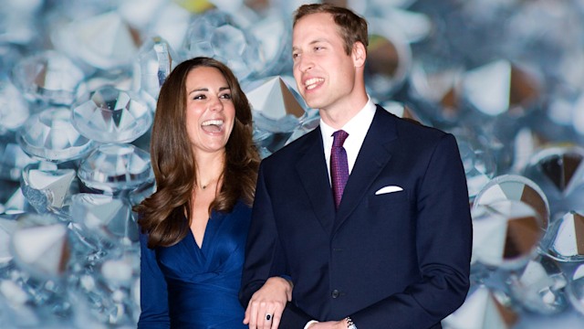 Kate Middleton laughing at Prince William against a backdrop of diamonds