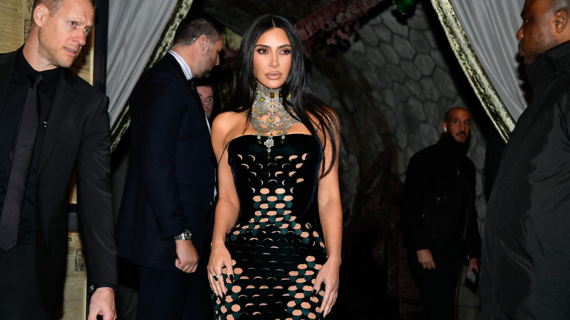 Kim Kardashian at Maison Margiela Couture Spring 2024 as part of Paris Couture Fashion Week held at Pont Alexandre III on January 25, 2024 in Paris, France. (Photo by Dominique Maitre/WWD via Getty Images)