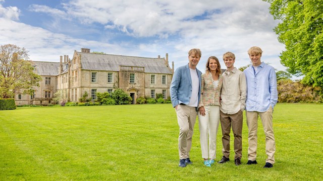 Viscount and Viscountess Hinchingbrooke pictured with sons outside Mapperton House in Dorset