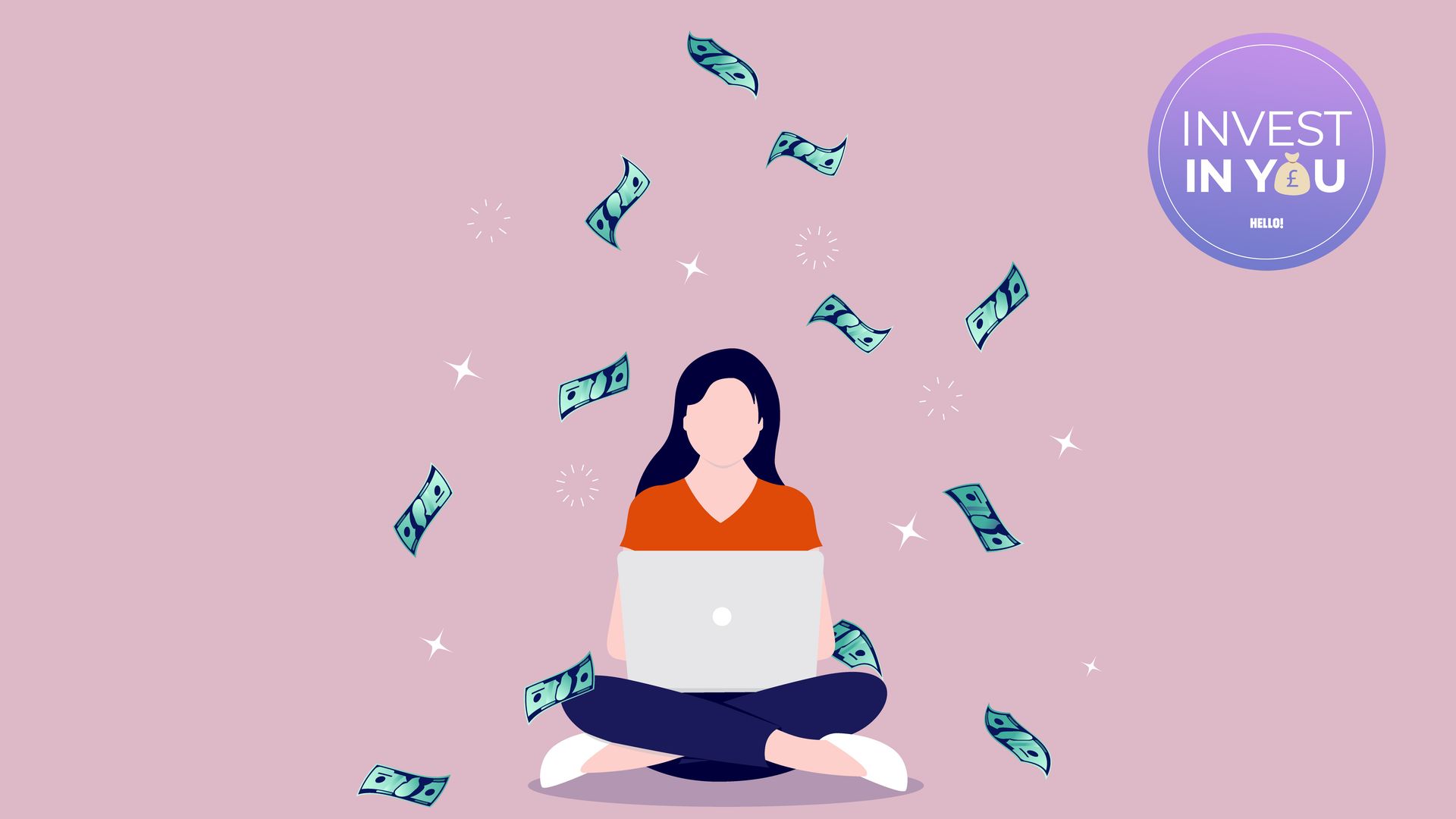 Woman with laptop and money around her against a pink background