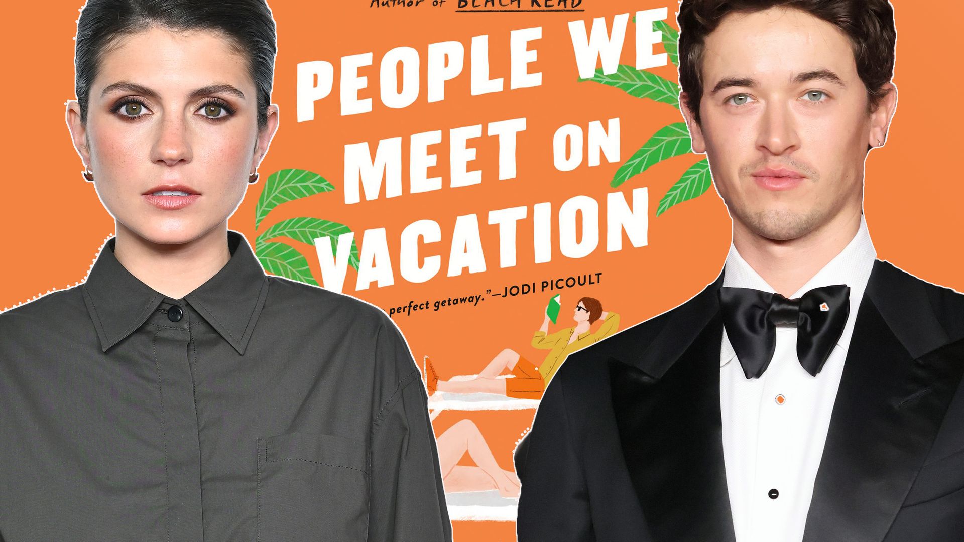 Composite image of Emily Bader, Tom Blyth and the cover of People We Meet On Vacation