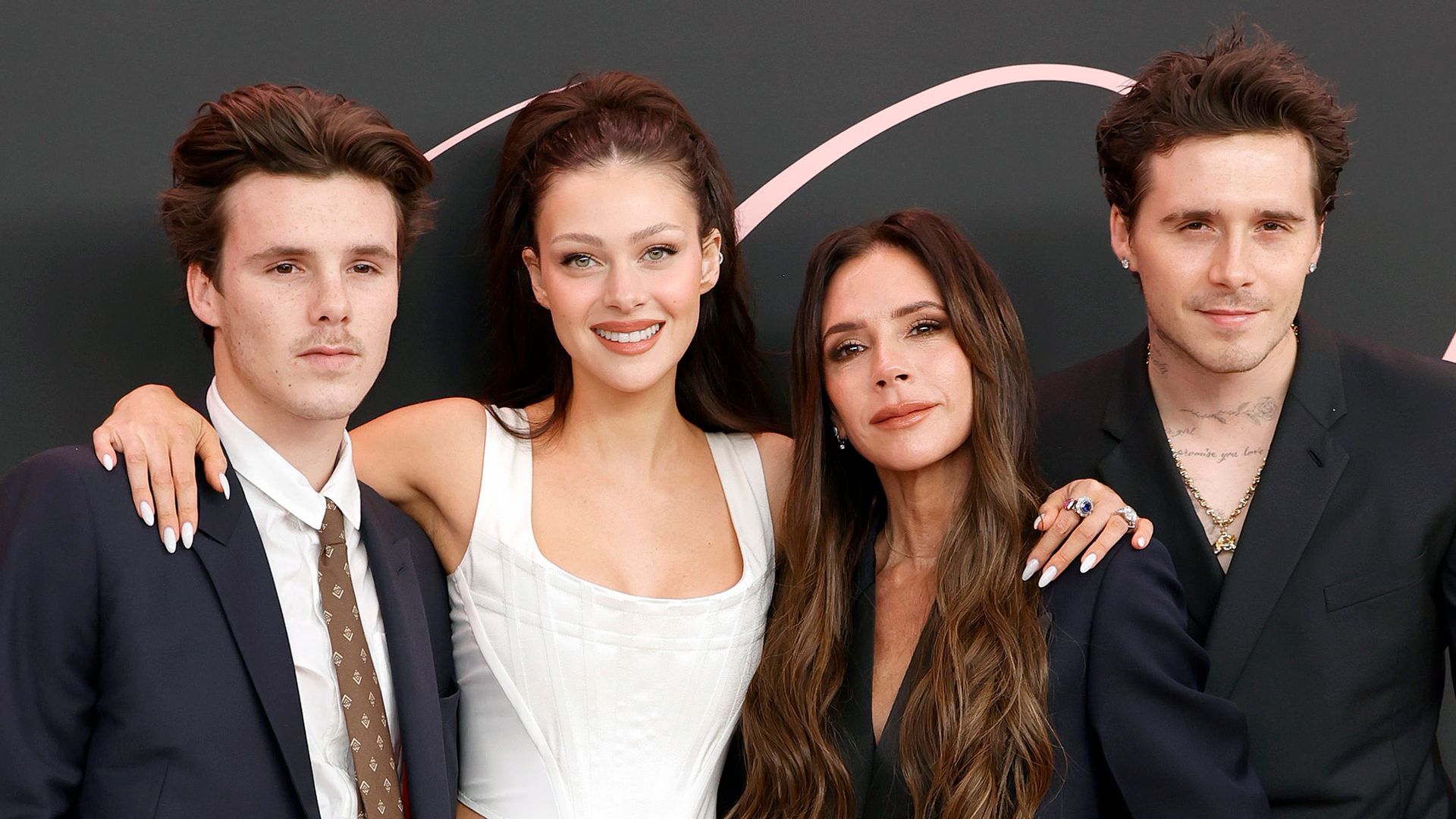Cruz Beckham, Nicola Peltz Beckham, Victoria Beckham and Brooklyn Peltz Beckham attend the premiere of Lola