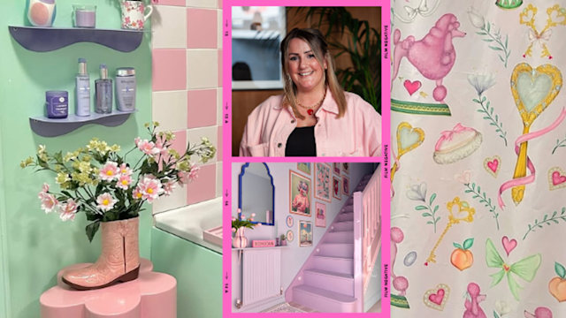 woman with colourful staircase and bathroom
