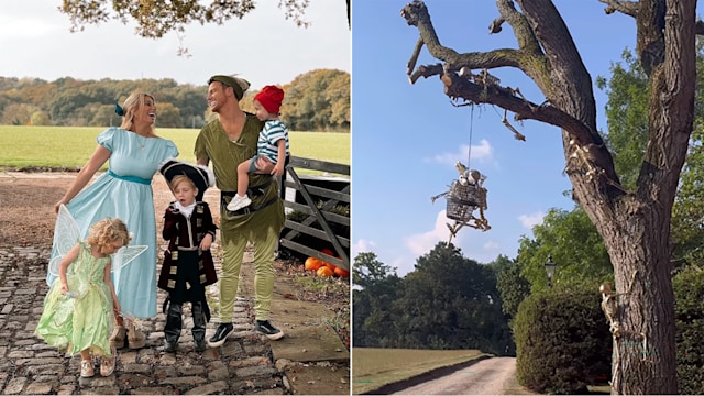 split image showing Stacey Solomon's family dressed up for Halloween in front of their garden and another showing a toy skeleton hanging from a tree branch