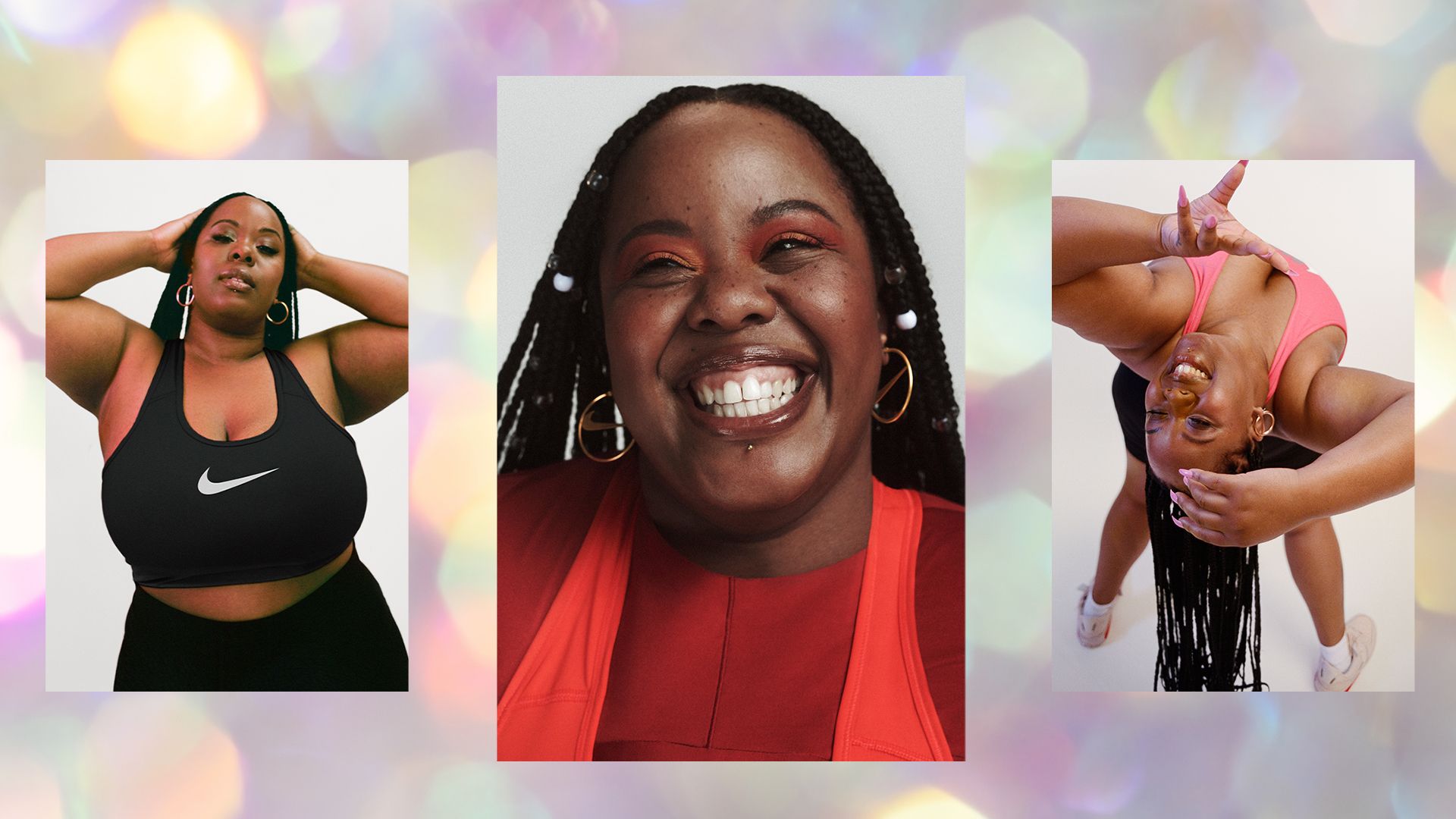 Split image of a smiling black woman dancing 