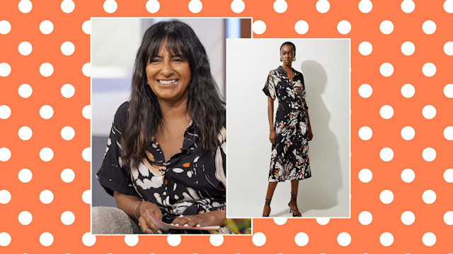 split image ranvir singh and model in butterfly dress orange polka dot background