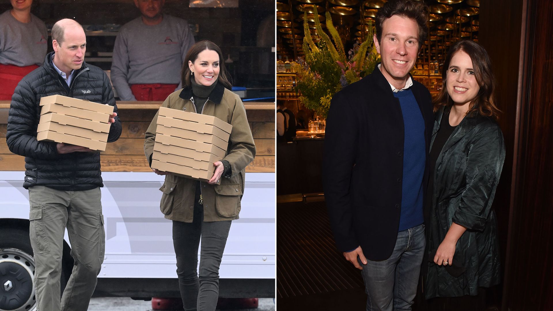 Split of William and Kate with pizzas and Princess Eugenie and Jack Brooksbank
