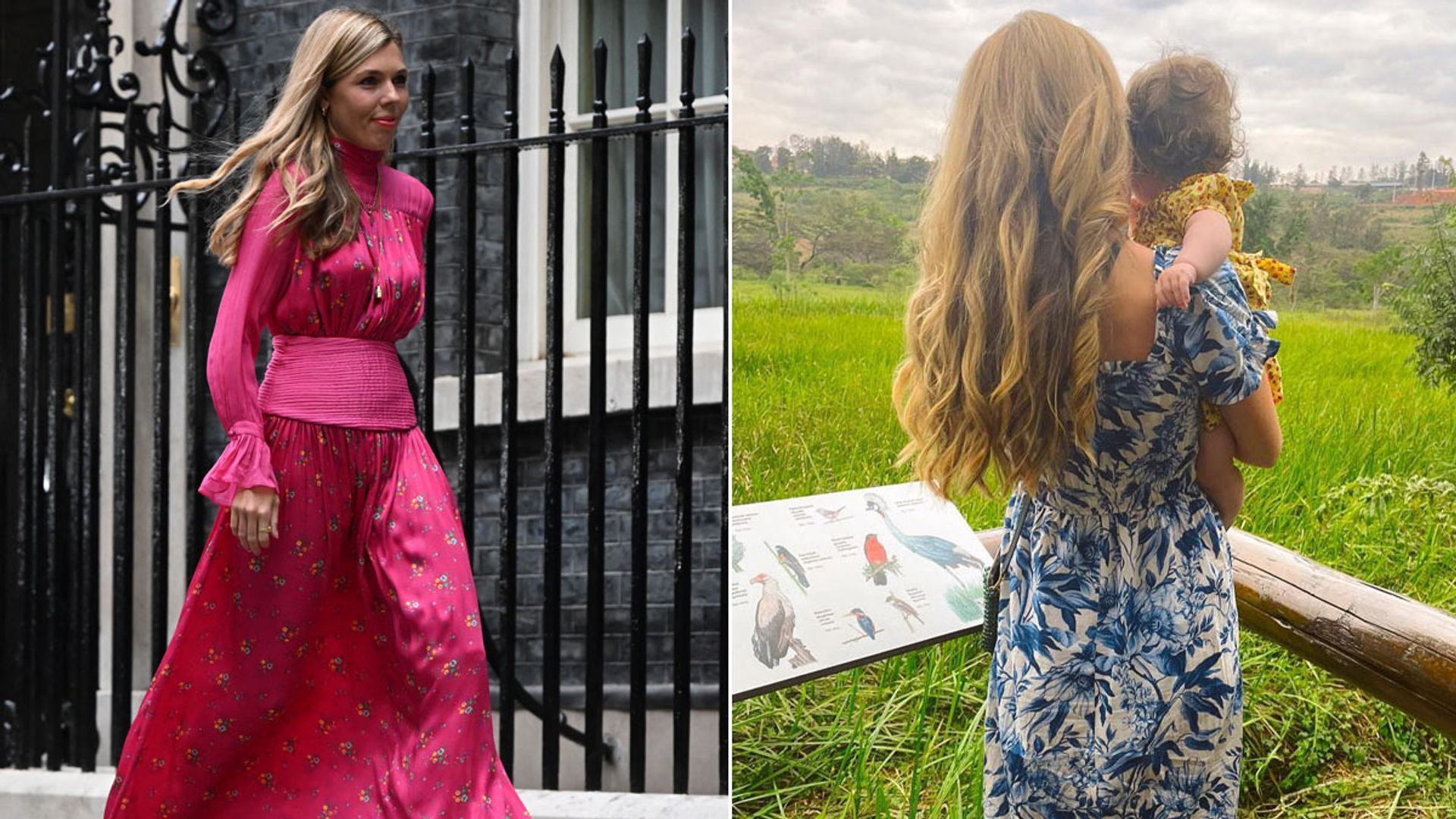 A split image of Carrie Johnson wearing a pink dress and a photo of her cuddling her daughter Romy