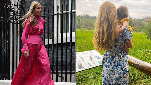 A split image of Carrie Johnson wearing a pink dress and a photo of her cuddling her daughter Romy