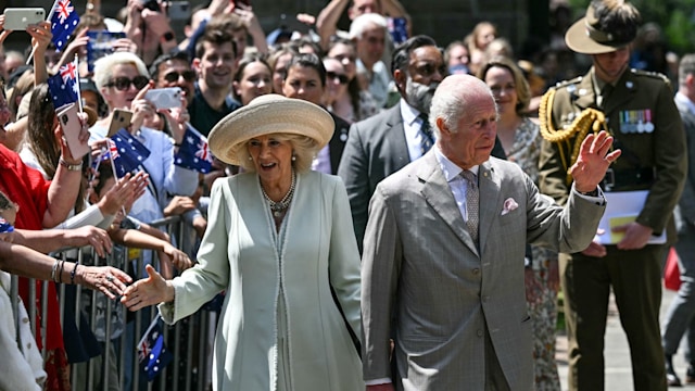 Charles and Camilla pictured outside St Thomas' Anglican Church in Sydney on Sunday