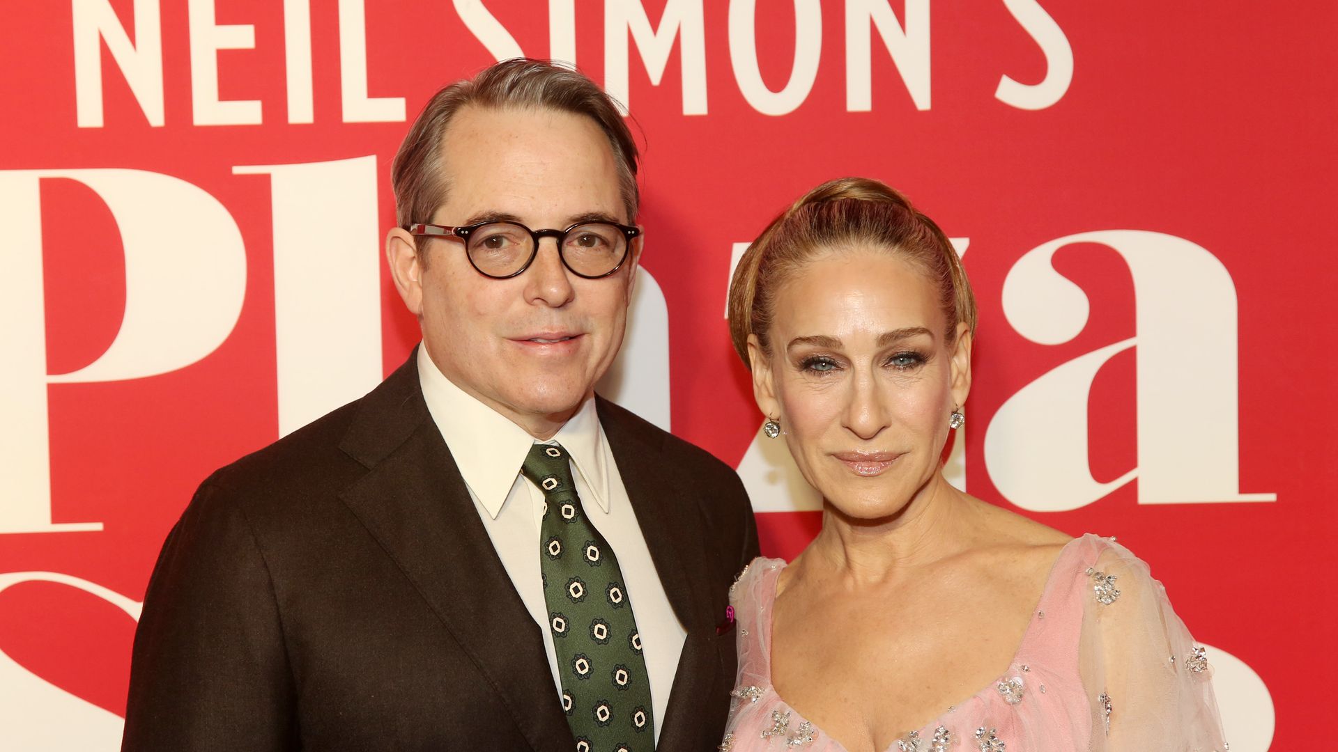 Matthew Broderick and Sarah Jessica Parker pose at the opening night of the Neil Simon play "Plaza Suite" on Broadway at The Hudson Theater on March 28, 2022 in New York City
