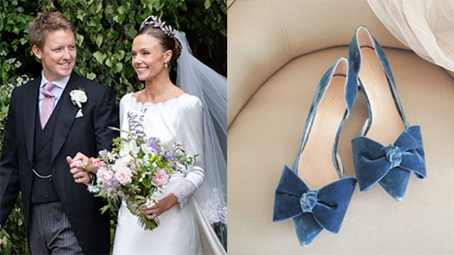 Hugh Grosvenor, Duke of Westminster and Olivia Grosvenor, Duchess of Westminster wave and smile to well-wishers after their wedding ceremony at Chester. Olivia wore blue high heels