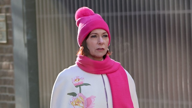 Carrie Preston is seen on the set of "Elsbeth" on February 18, 2025 in New York City. 