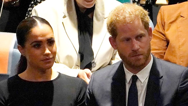 Meghan Markle and Prince Harry looking glum in black attire