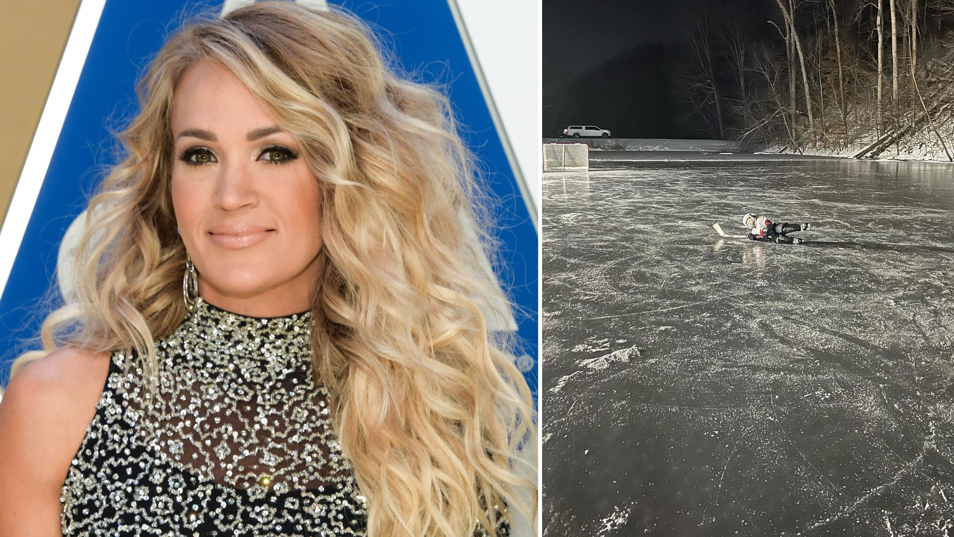 Carrie Underwood's son lying on the frozen lake at her family home
