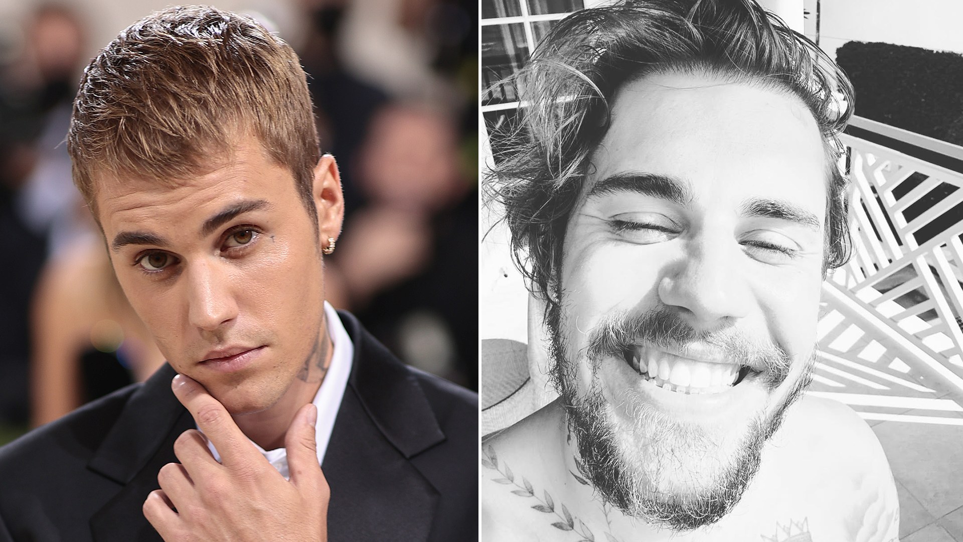 split image showing Justin Bieber at event and taking selfie