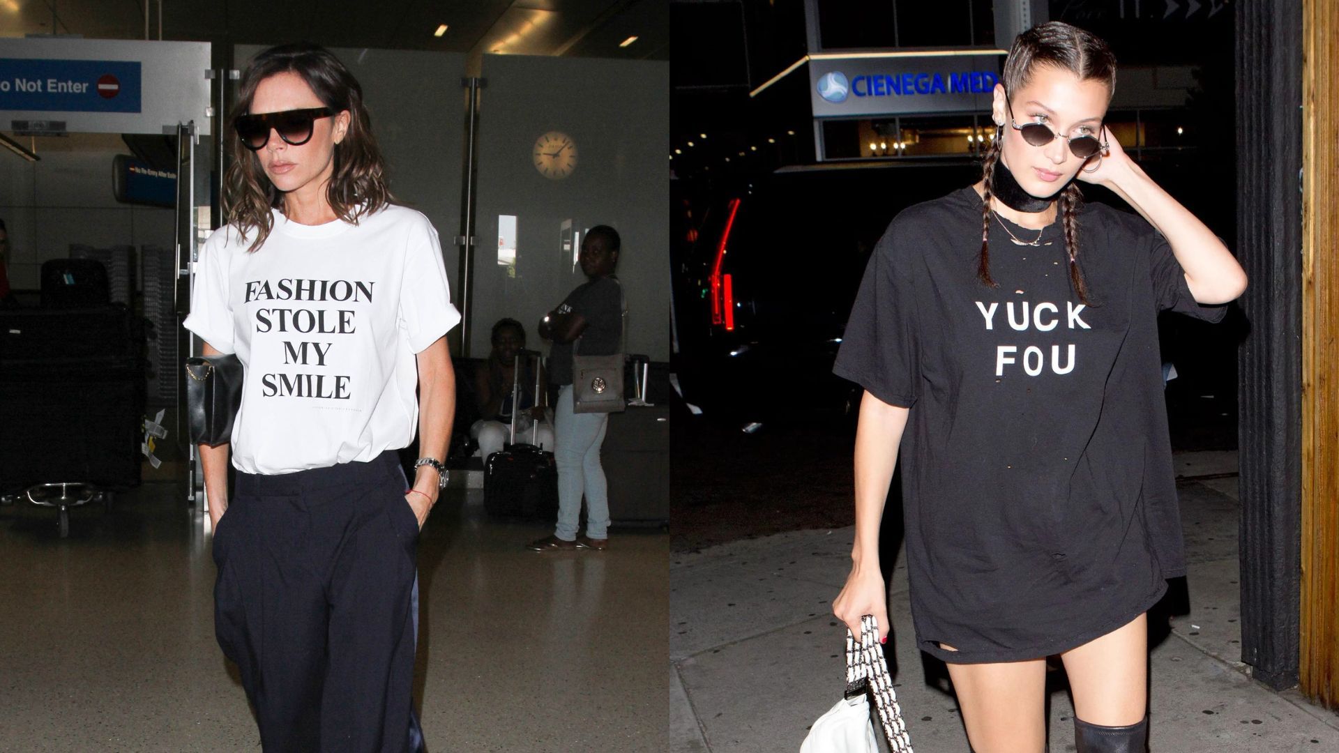 Victoria Beckham and Bella Hadid wear humorous slogan t shirts 