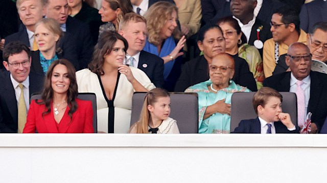 WINDSOR, ENGLAND - MAY 07: Catherine, Princess of Wales, Princess Charlotte of Wales, Prince George of Wales and Prince William, Prince of Wales are seen during the Coronation Concert on May 07, 2023 in Windsor, England. The Windsor Castle Concert is part